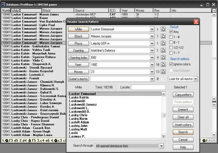 Suche nach Partiekopf in der Datenbank