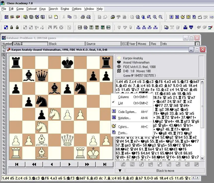 Darstellung der Partienotation als Liste und als Spalten